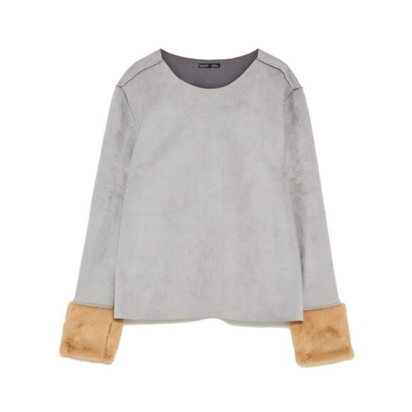 EUC Zara blue grey faux suede top w/ brown faux fur trim sleeves, M - Picture 6 of 9